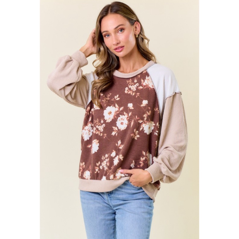 NEW! Floral Mixed Media Ribbed Sweatshirt Super Soft in Soft Brown!